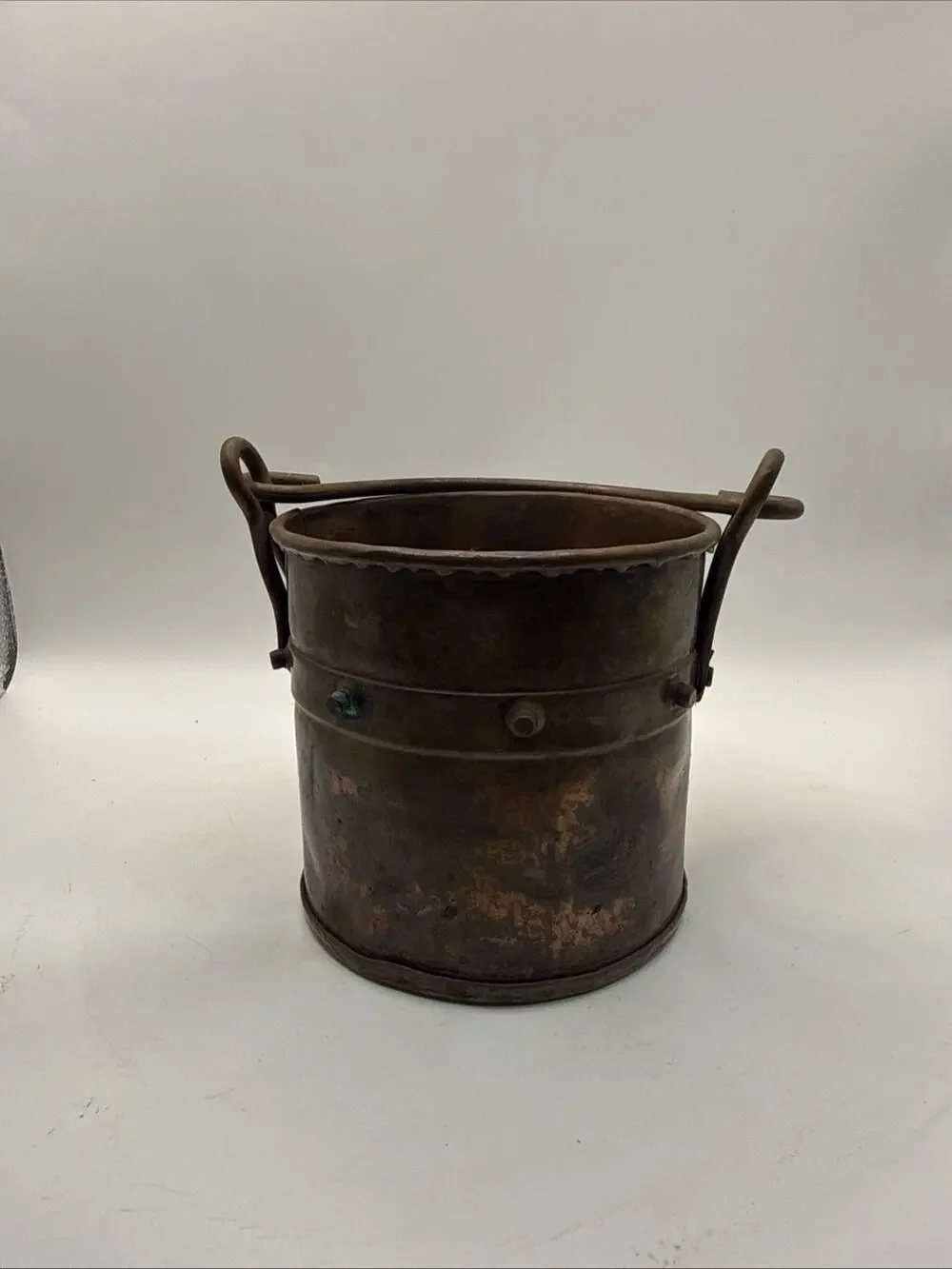 Antique Hand Hammered Copper Riveted Bucket With Iron Handles